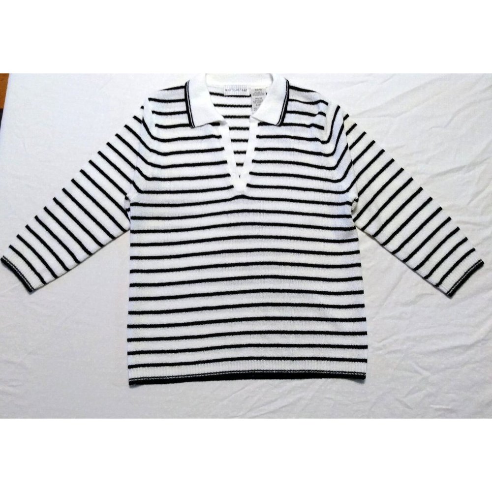 Women's WHITE STAG White/Black Striped V Neck Collar Pull Over Sweater MED